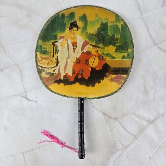 Set of 5 Chinese Silk Round Paddle Hand Fans Geisha Women Bamboo Hand Painted - Picture 2 of 16